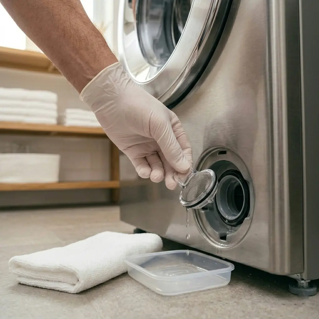 Hand cleaning the drain pump filter of an LG front-load washing machine — maintenance tip to extend washer lifespan