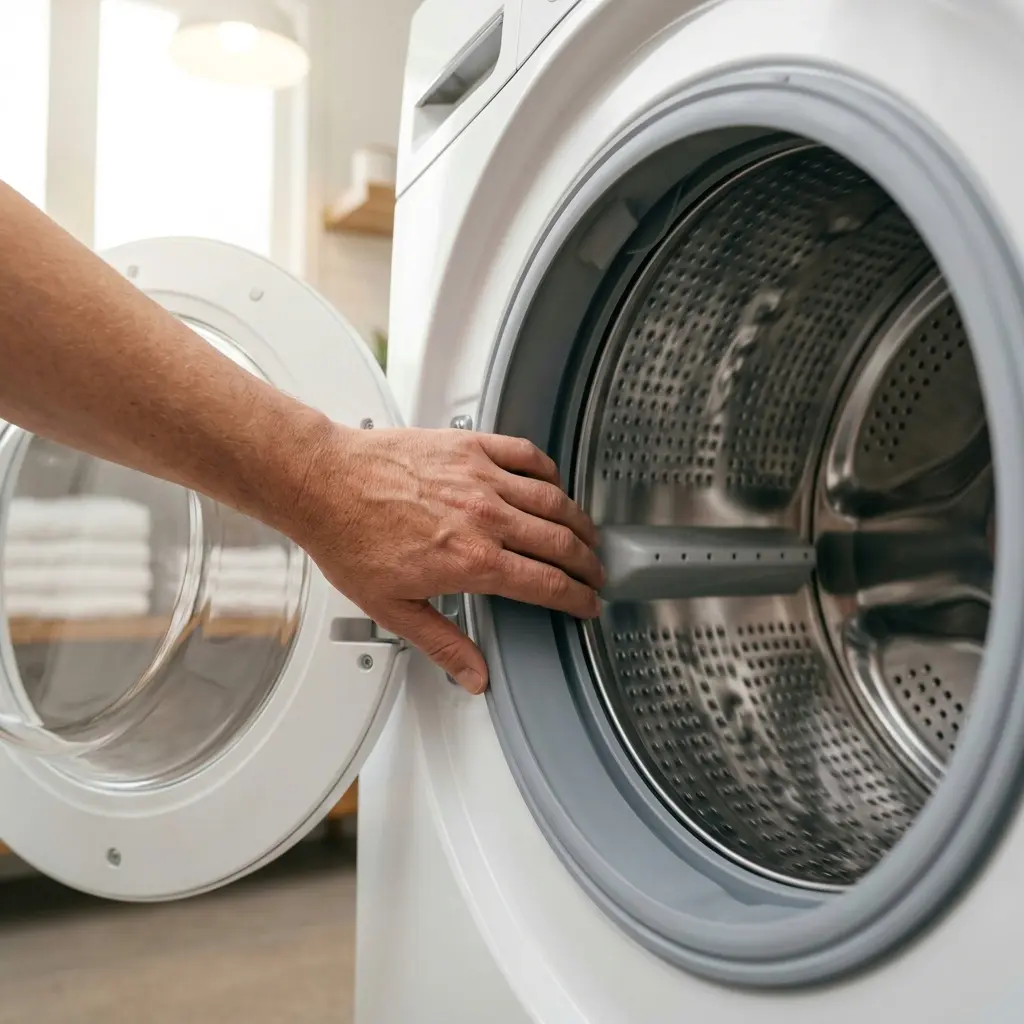 Person spinning an empty LG washing machine drum by hand to test for bearing wear — DIY maintenance check 2026