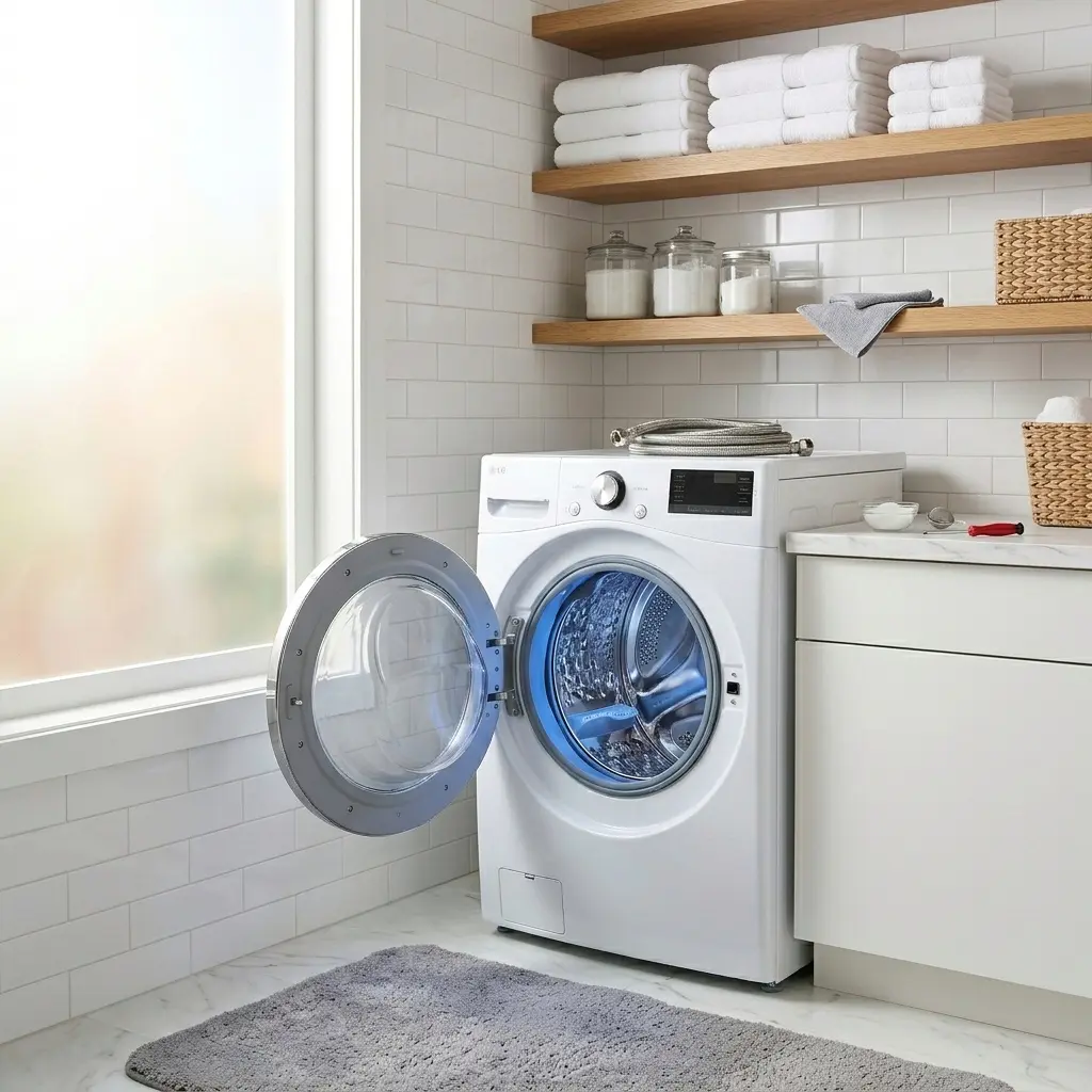 LG front-load washing machine in a clean modern laundry room — complete 15-year maintenance guide 2026
