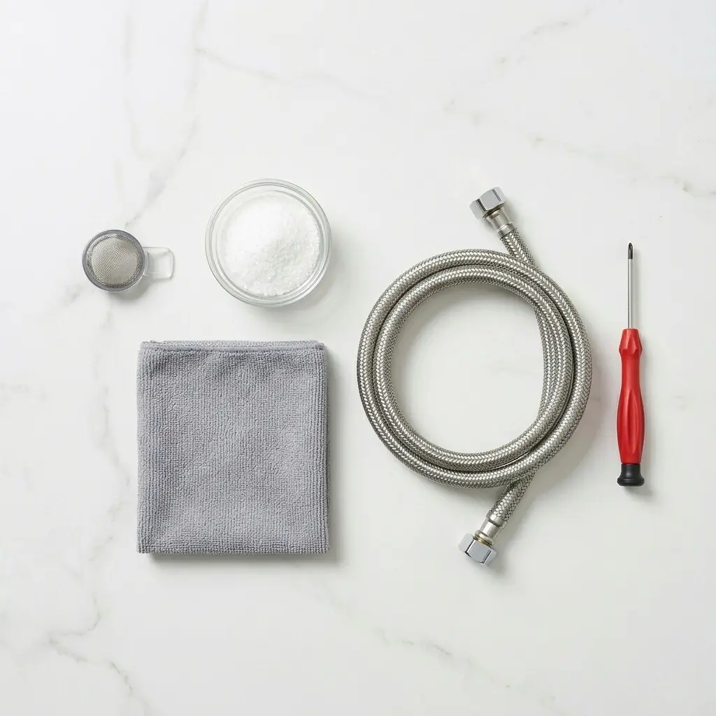 Washing machine maintenance tools laid out neatly — drain filter, citric acid, hose inspection kit for LG washer care 2026