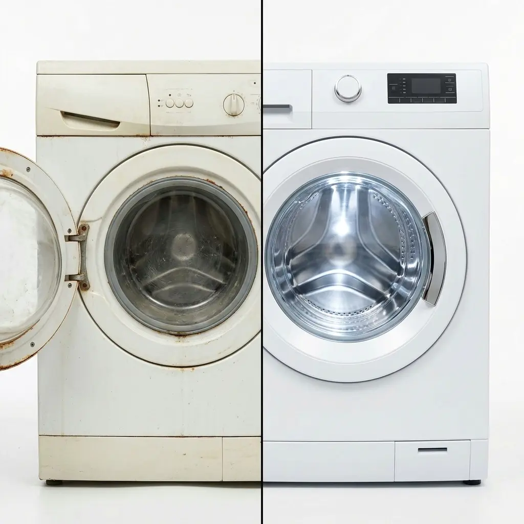 Old worn washing machine with visible rust and leaking seal — signs it is time to replace your LG washer in 2026