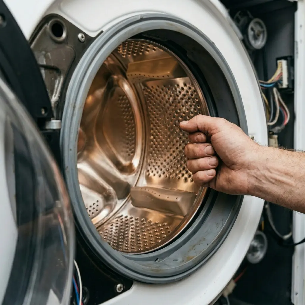 Hand manually rotating washing machine drum to test for motor seizure or bearing damage