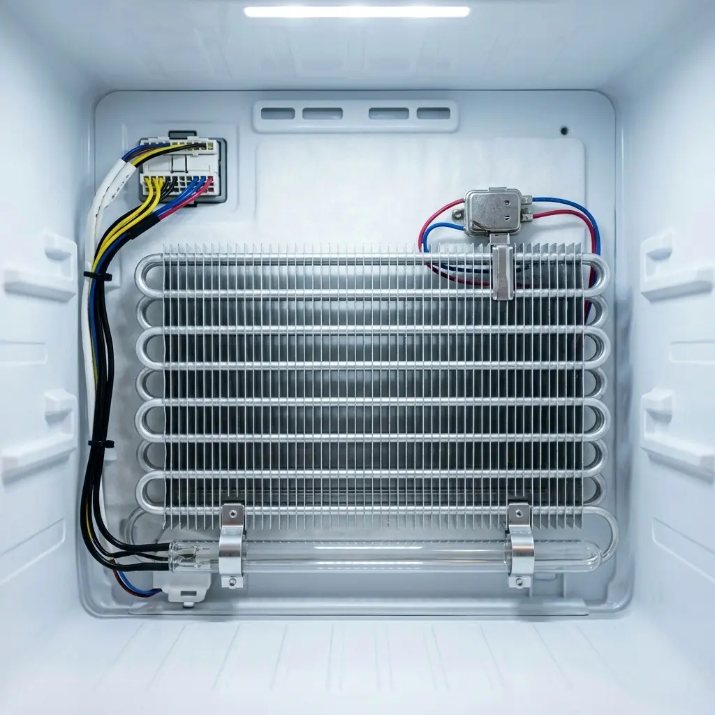 New defrost heater correctly installed on clean evaporator coils inside Samsung refrigerator freezer compartment
