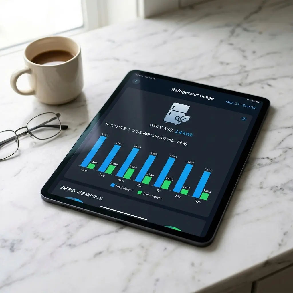 Smart home app energy monitoring screen showing refrigerator daily and weekly power consumption bar graphs