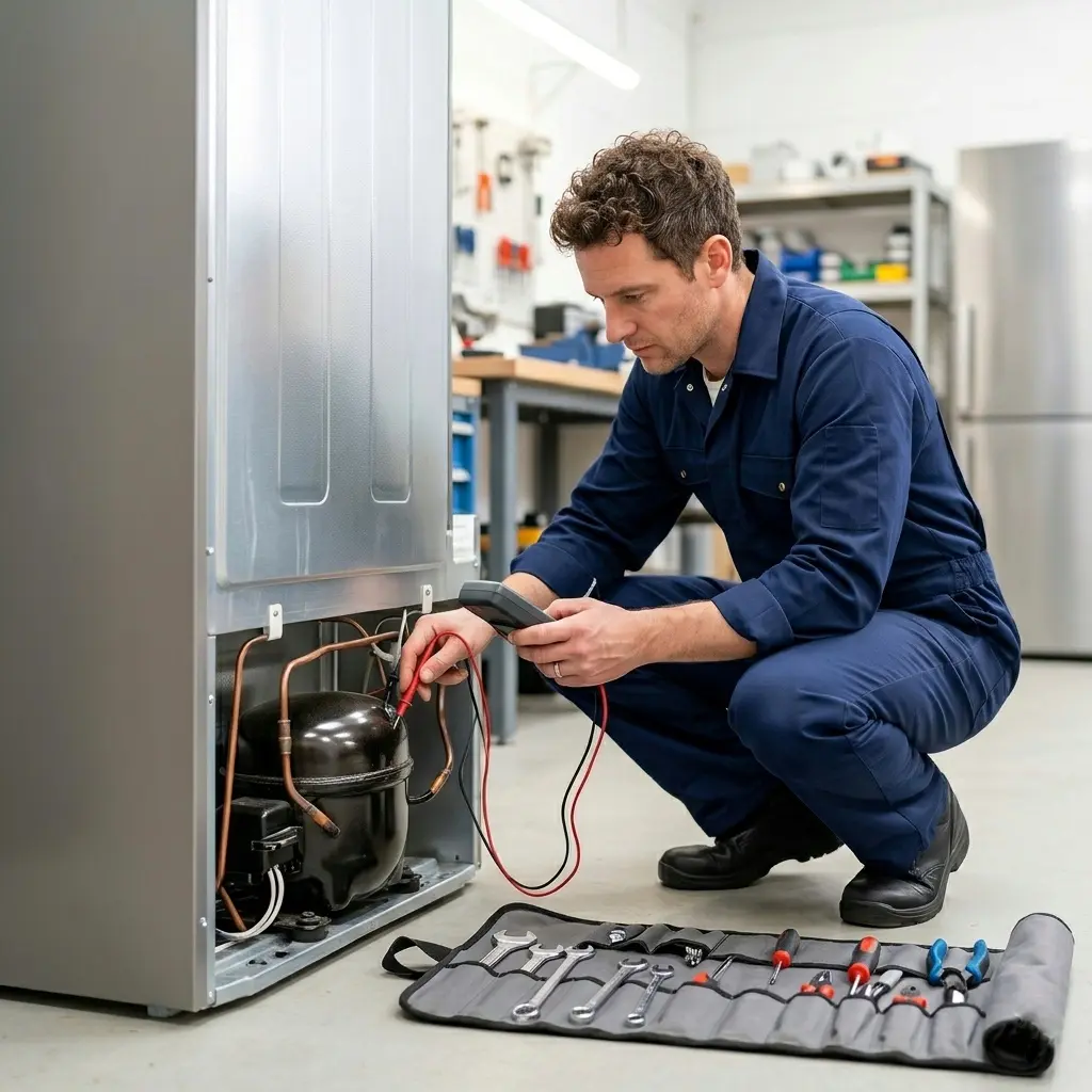 Appliance technician inspecting a refrigerator compressor — LG repairability and repair cost guide 2026