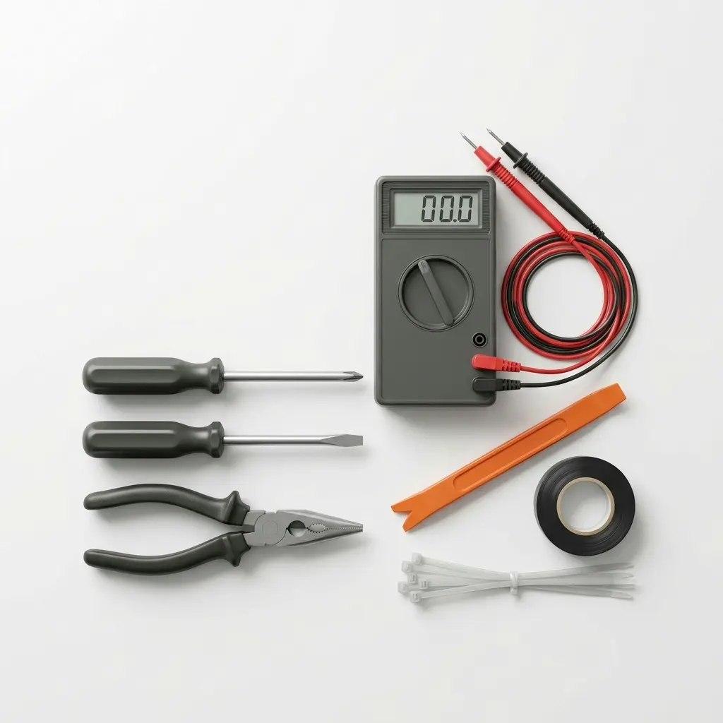 Professional appliance repair tools including screwdrivers, multimeter, and pliers laid out on a clean workshop surface