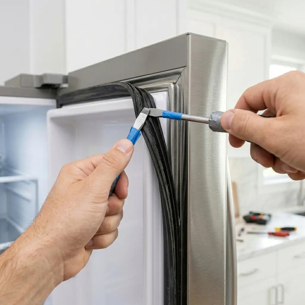 Removing old LG refrigerator door seal using a flathead screwdriver at the corner