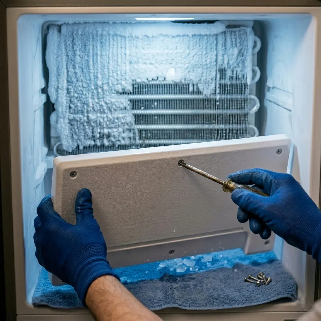 Technician removing the rear panel inside a freezer compartment to access evaporator coils