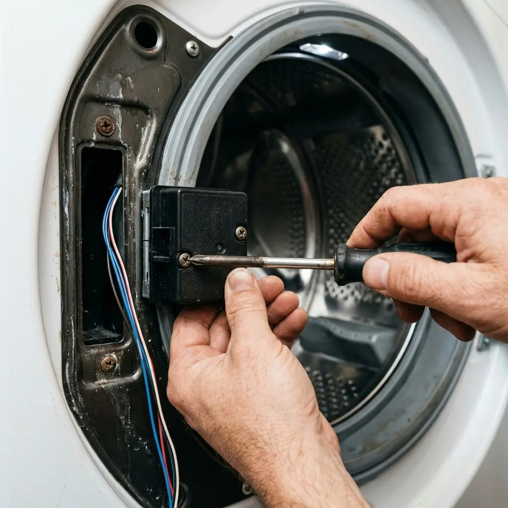 Hands removing washing machine door lock assembly using screwdriver during repair