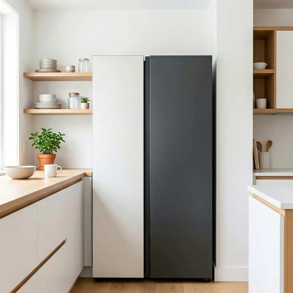 Samsung Bespoke refrigerator with mix and match custom panel colors in a modern kitchen, design flexibility 2026