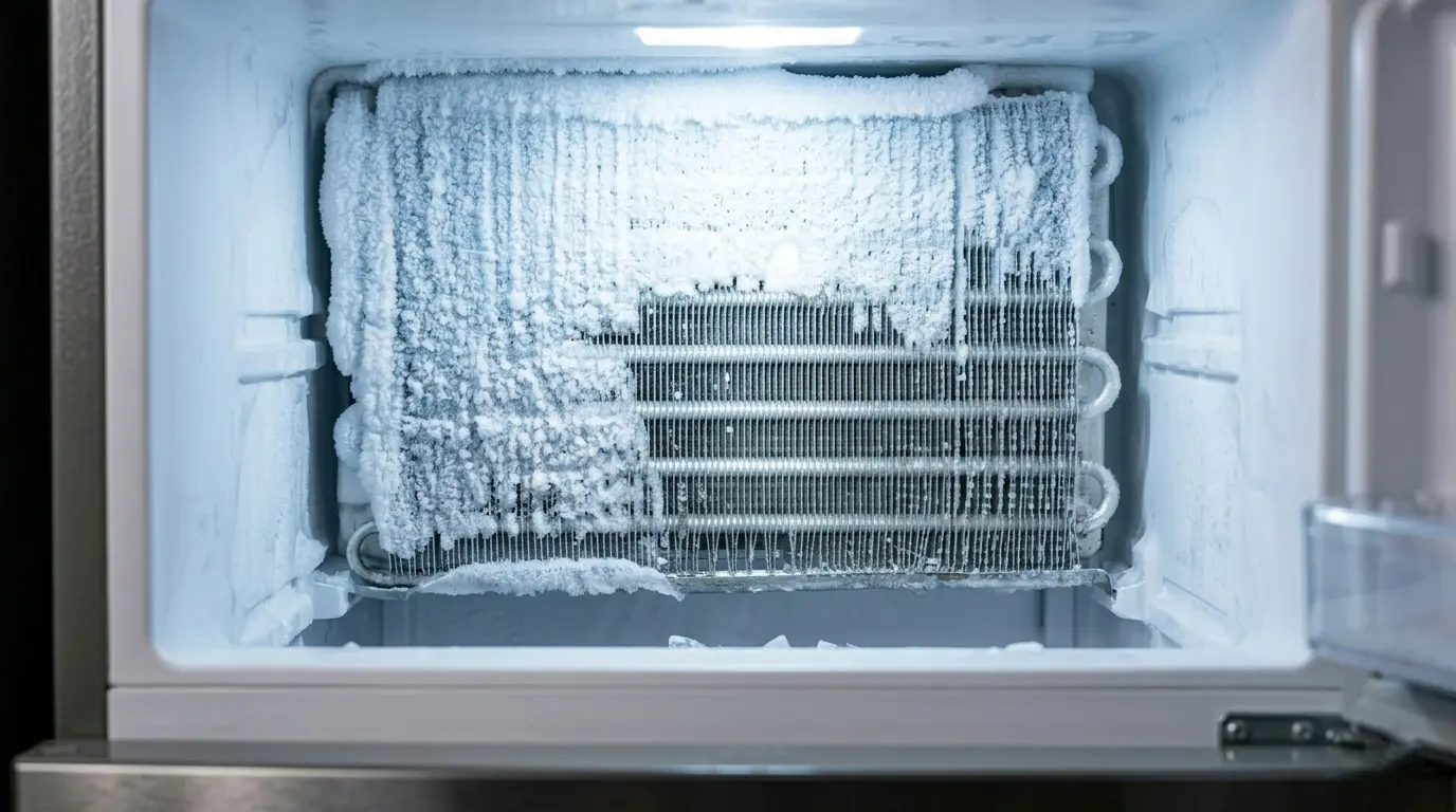 Samsung refrigerator freezer compartment with frost buildup on evaporator coils indicating a failed defrost heater