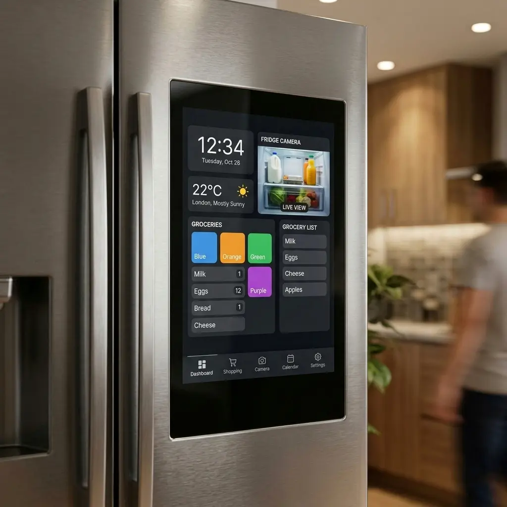 Large touchscreen on Samsung Family Hub refrigerator door showing smart home interface, smart fridge technology 2026