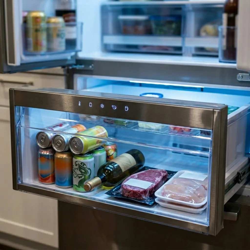 Samsung FlexZone drawer open showing temperature mode selector and organized contents, flexible fridge storage 2026
