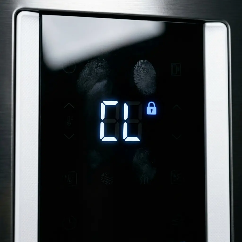 Close-up of Samsung refrigerator digital display panel showing CL child lock indicator activated