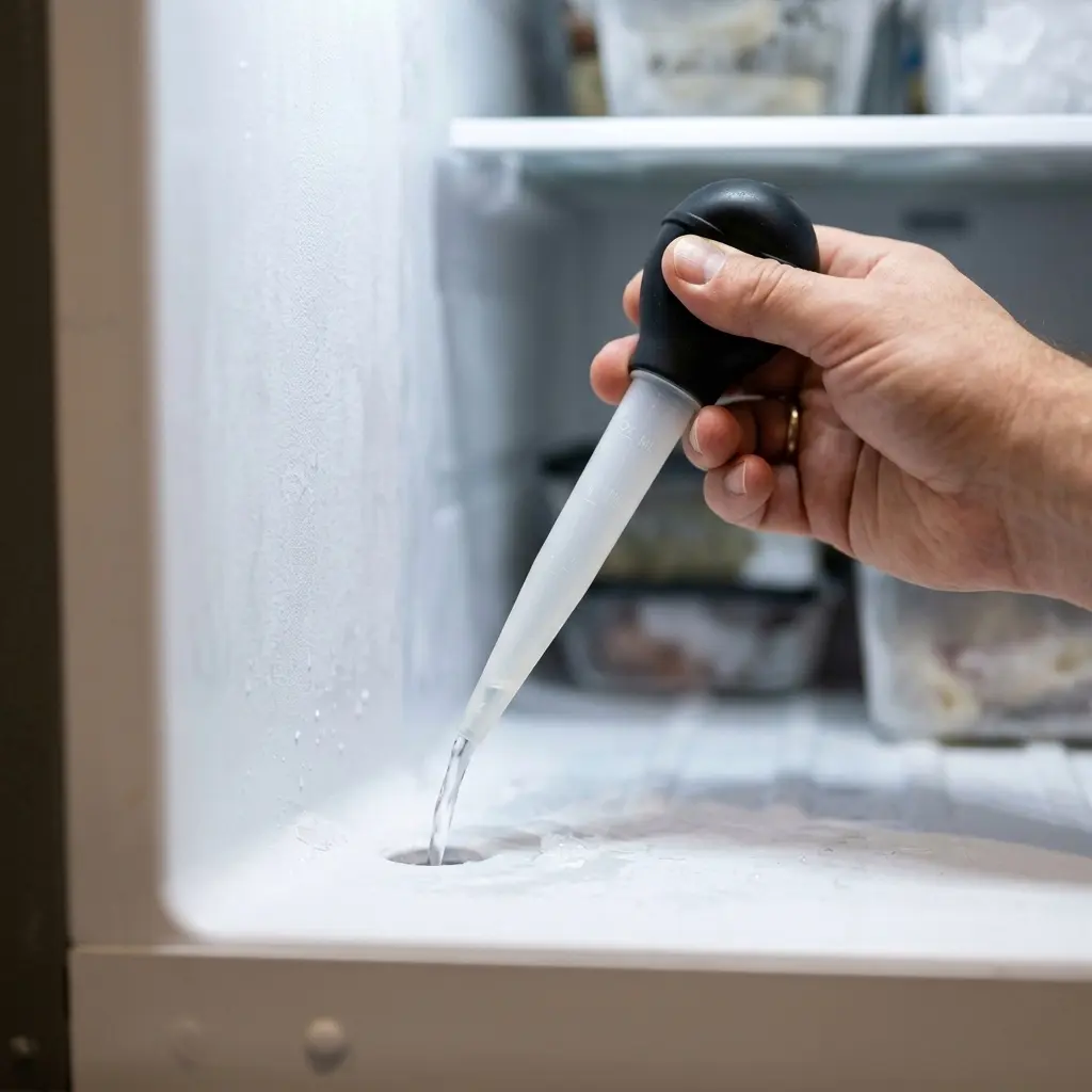 Flushing refrigerator defrost drain hole with warm water using a turkey baster — DIY fix for water leaking inside fridge 2026