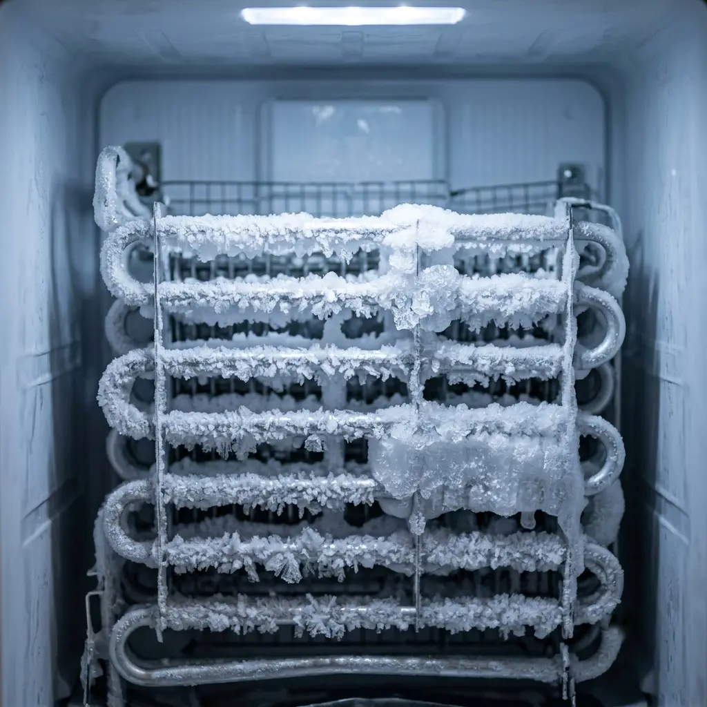 Heavily frosted evaporator coils inside Samsung refrigerator  troubleshooting freezer section, cause of fridge not cooling 2026