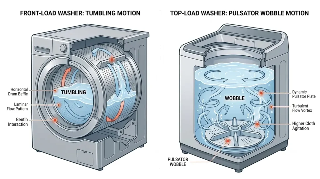 Diagram comparing Samsung front load and top load washing mechanisms