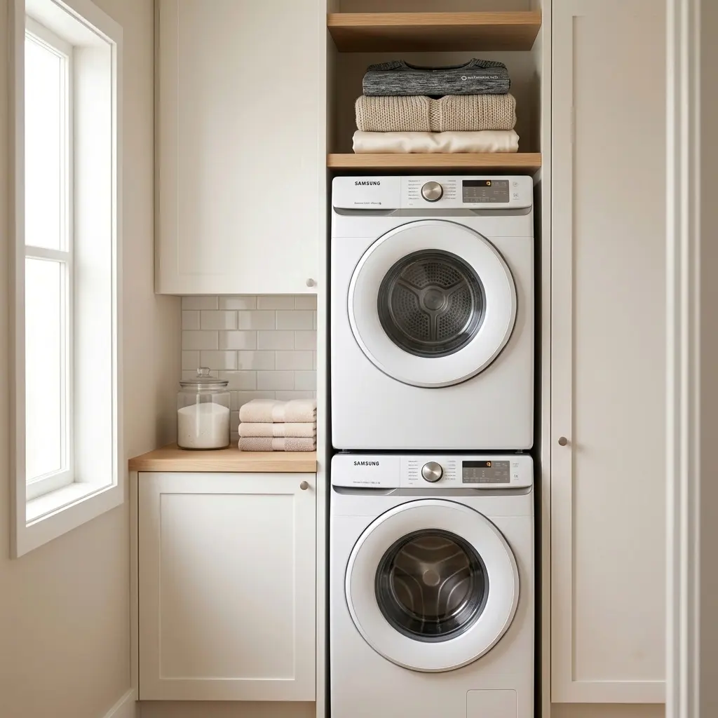 Stacked Samsung front load washer and dryer in small apartment