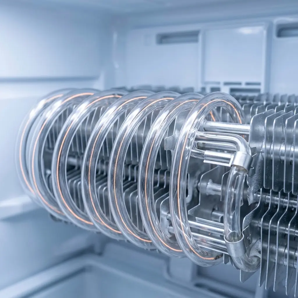 Close-up of a glass tube defrost heater element mounted on refrigerator evaporator coils
Section: "What Is a Samsung Defrost Heater