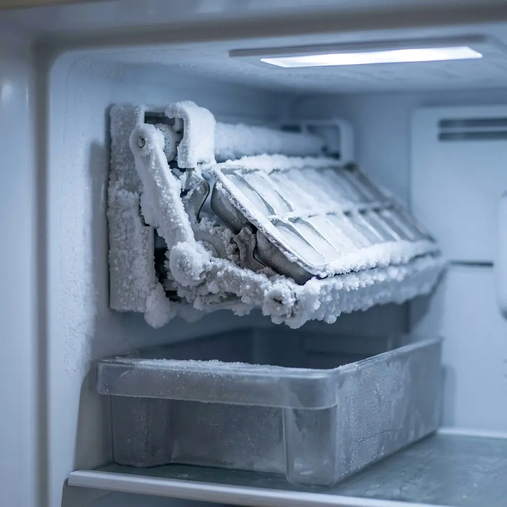 Frozen over ice maker tray inside Samsung refrigerator freezer, known ice maker reliability issue explained 2026
