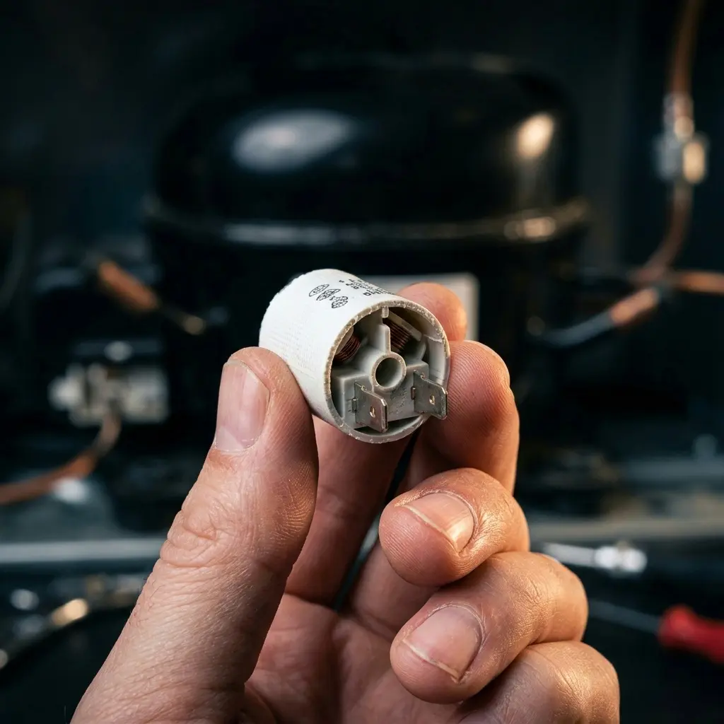 Small refrigerator start relay component being removed from compressor — fix for clicking noise and fridge not starting 2026