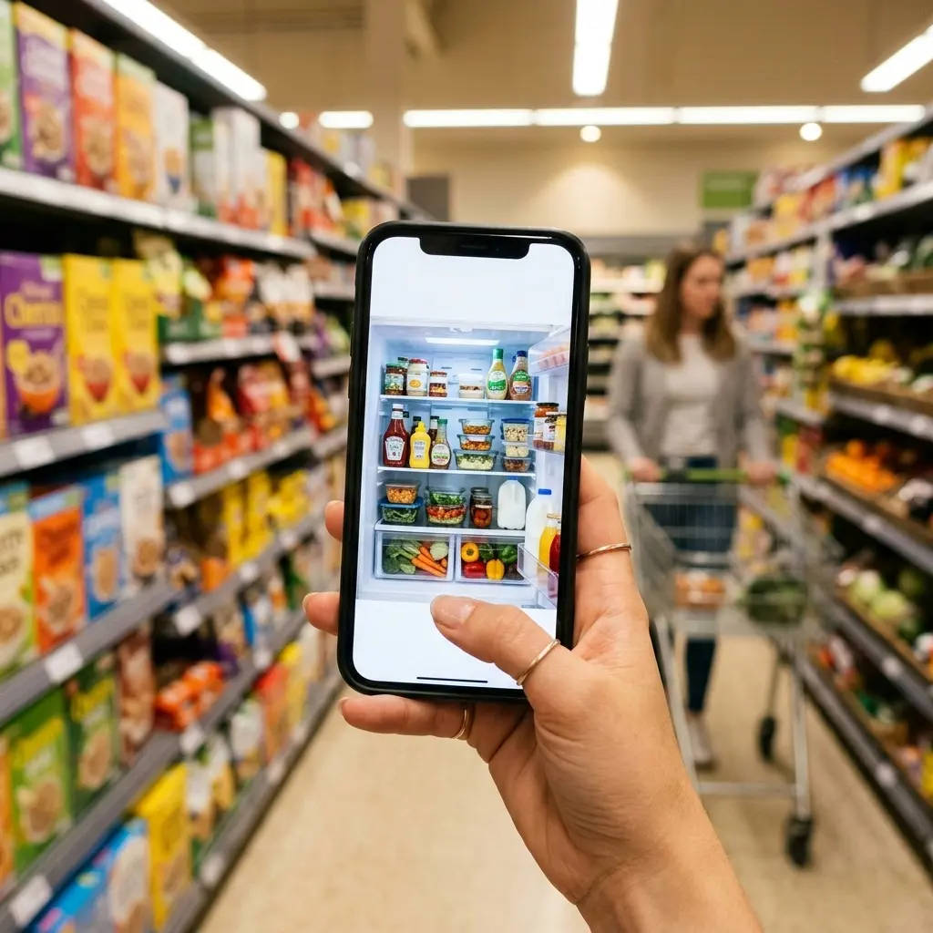 Person checking Samsung refrigerator contents remotely via smartphone app while grocery shopping — View Inside camera feature 2026