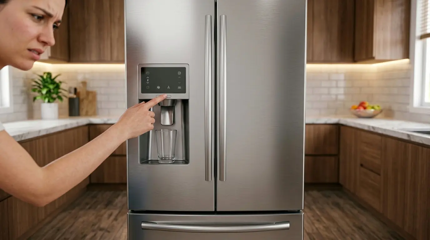 Samsung French door refrigerator water dispenser being pressed with no water coming out
