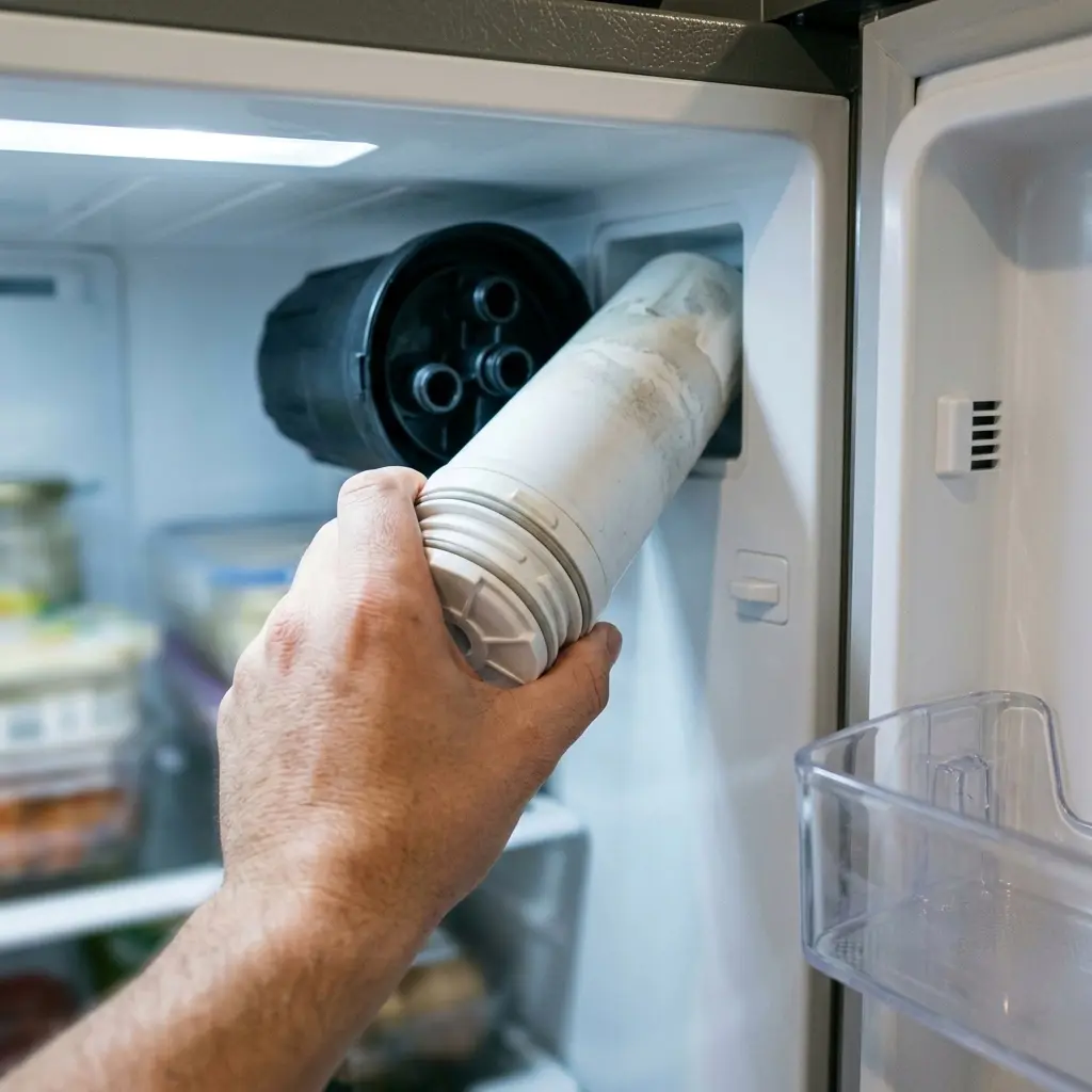 Hand removing a Samsung refrigerator water filter from the upper right compartment inside the fridge
