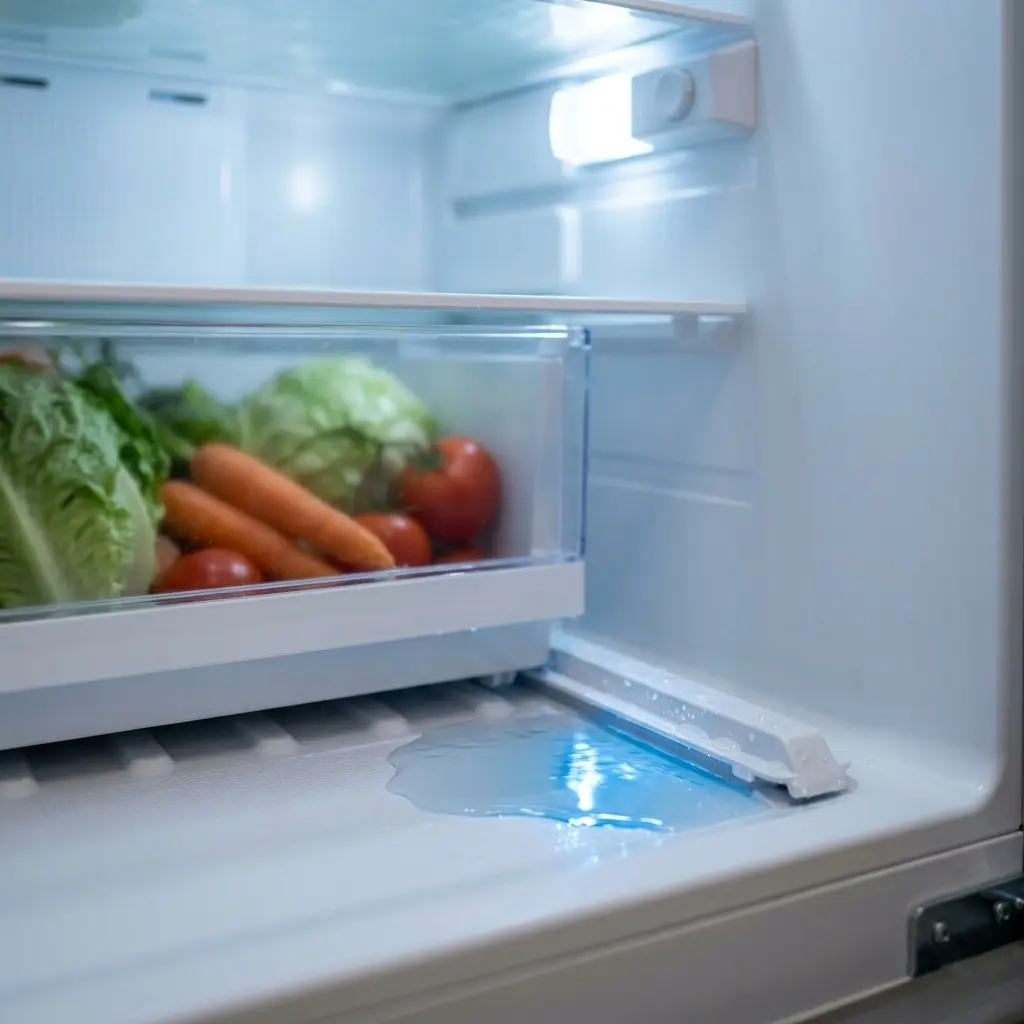 Water pooling inside refrigerator near crisper drawer — clogged defrost drain troubleshooting fix 2026
