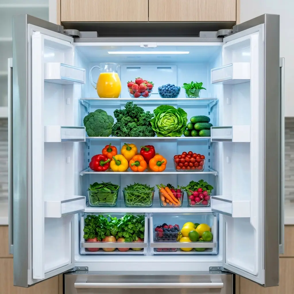 Fresh vegetables and fruit neatly organized inside Samsung refrigerator with Twin Cooling Plus, superior food freshness 2026