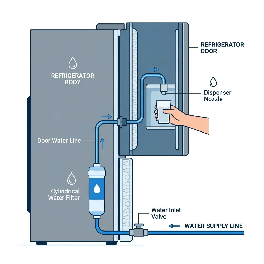 Cutaway diagram illustration of a refrigerator water dispenser system showing filter inlet valve and water line path