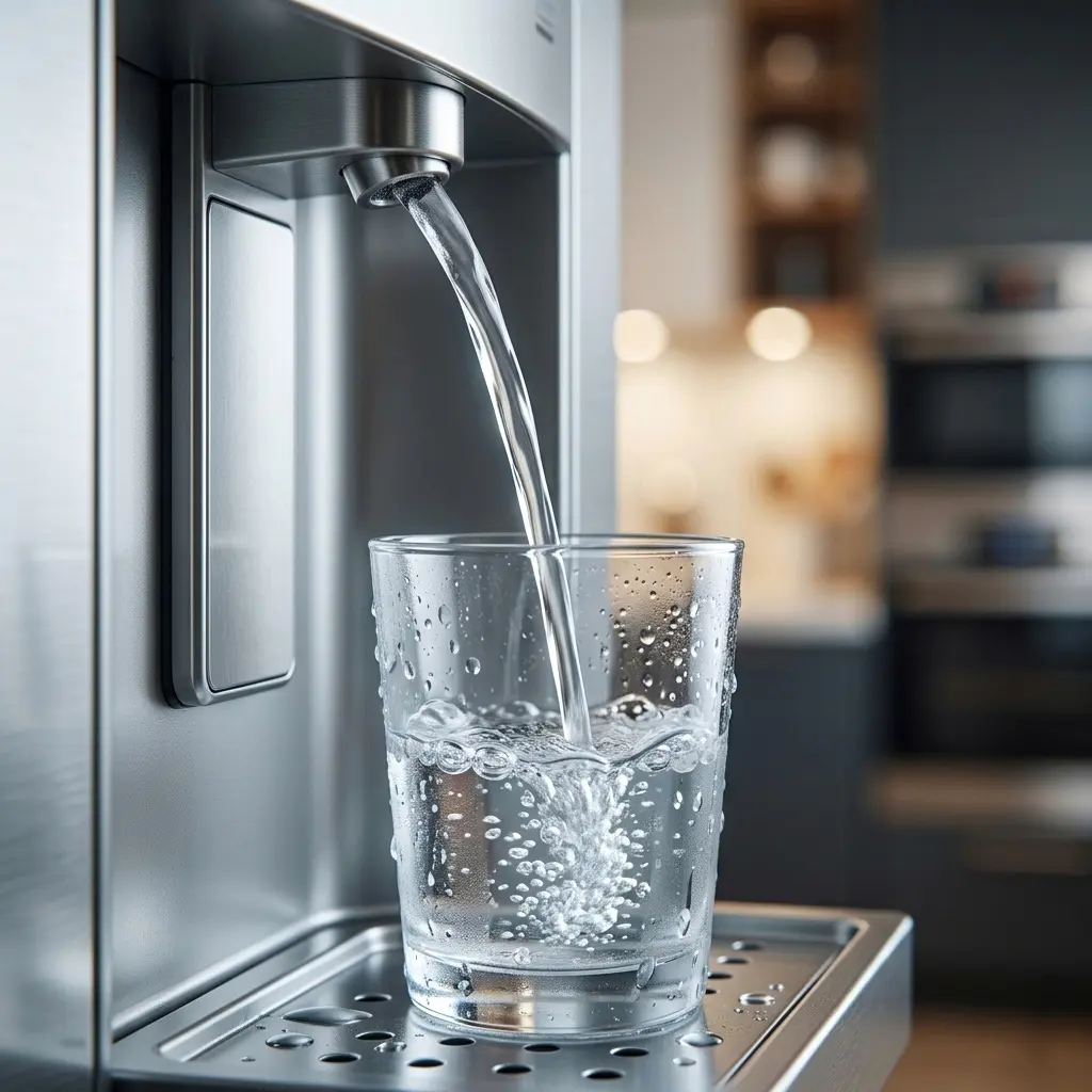 Clear cold water flowing from a refrigerator water dispenser into a glass showing successful repair