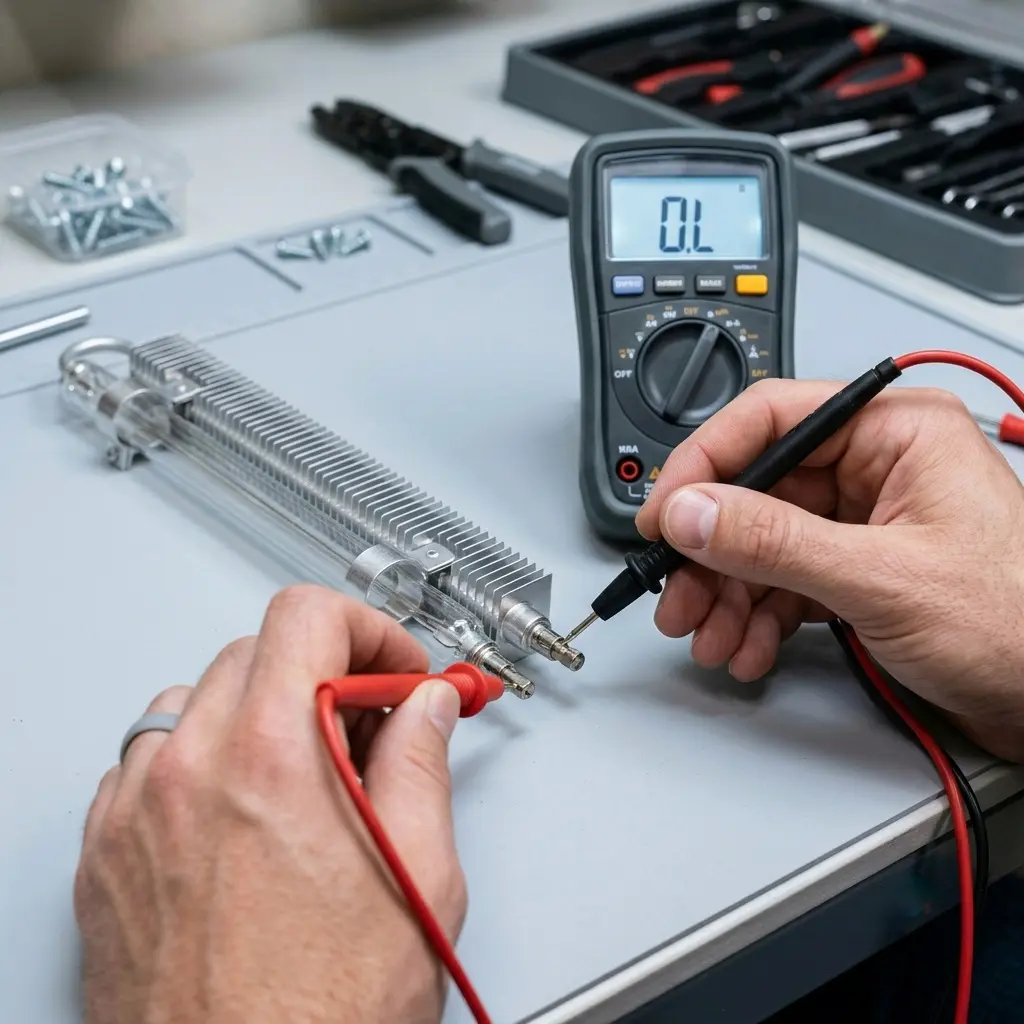 Hands holding multimeter probes against defrost heater terminals to test resistance and diagnose failure