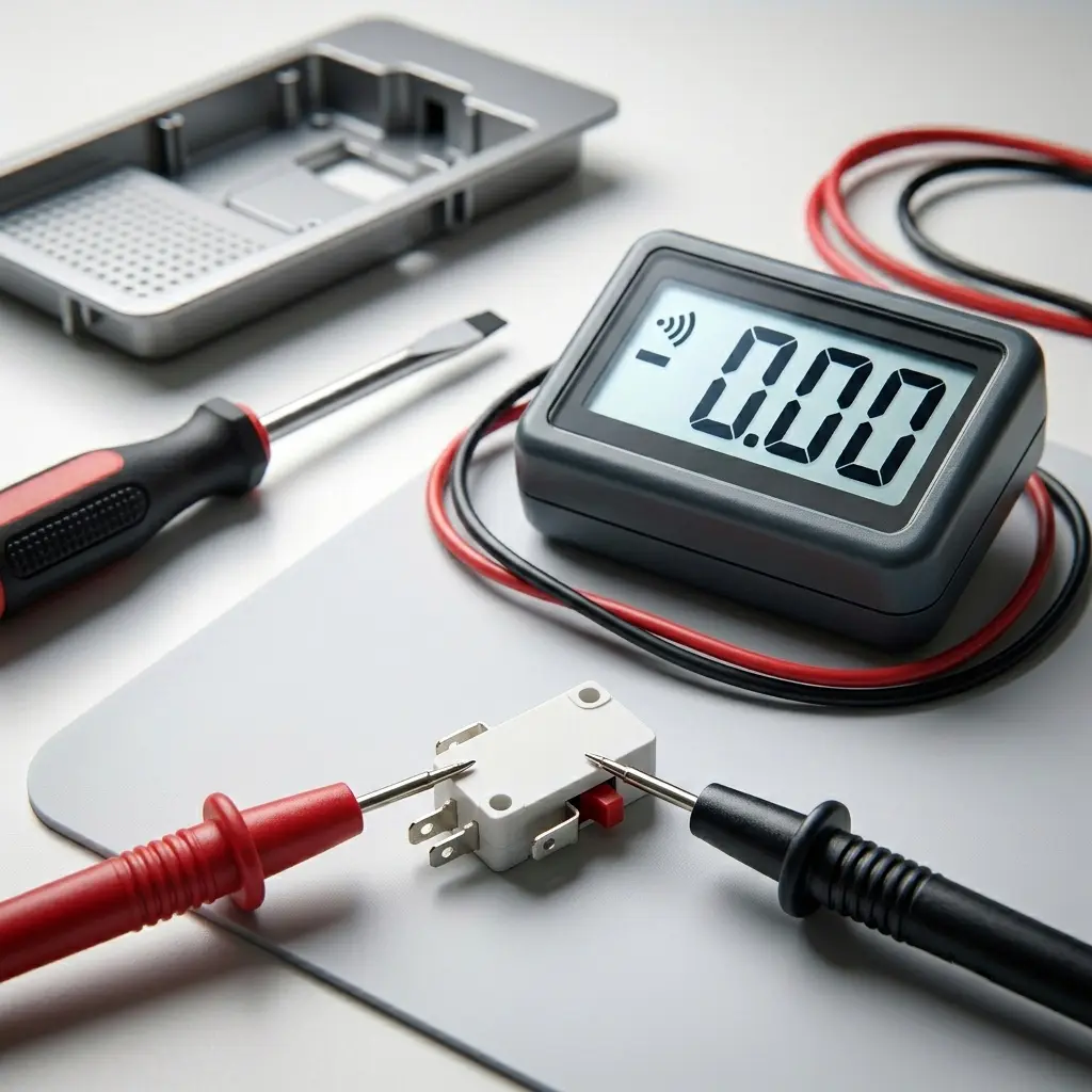  Multimeter probes testing a refrigerator dispenser micro-switch for continuity during troubleshooting