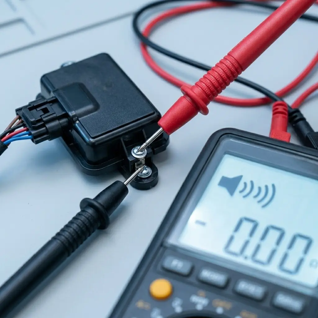 Multimeter probes testing washing machine door lock switch continuity during dE error diagnosis