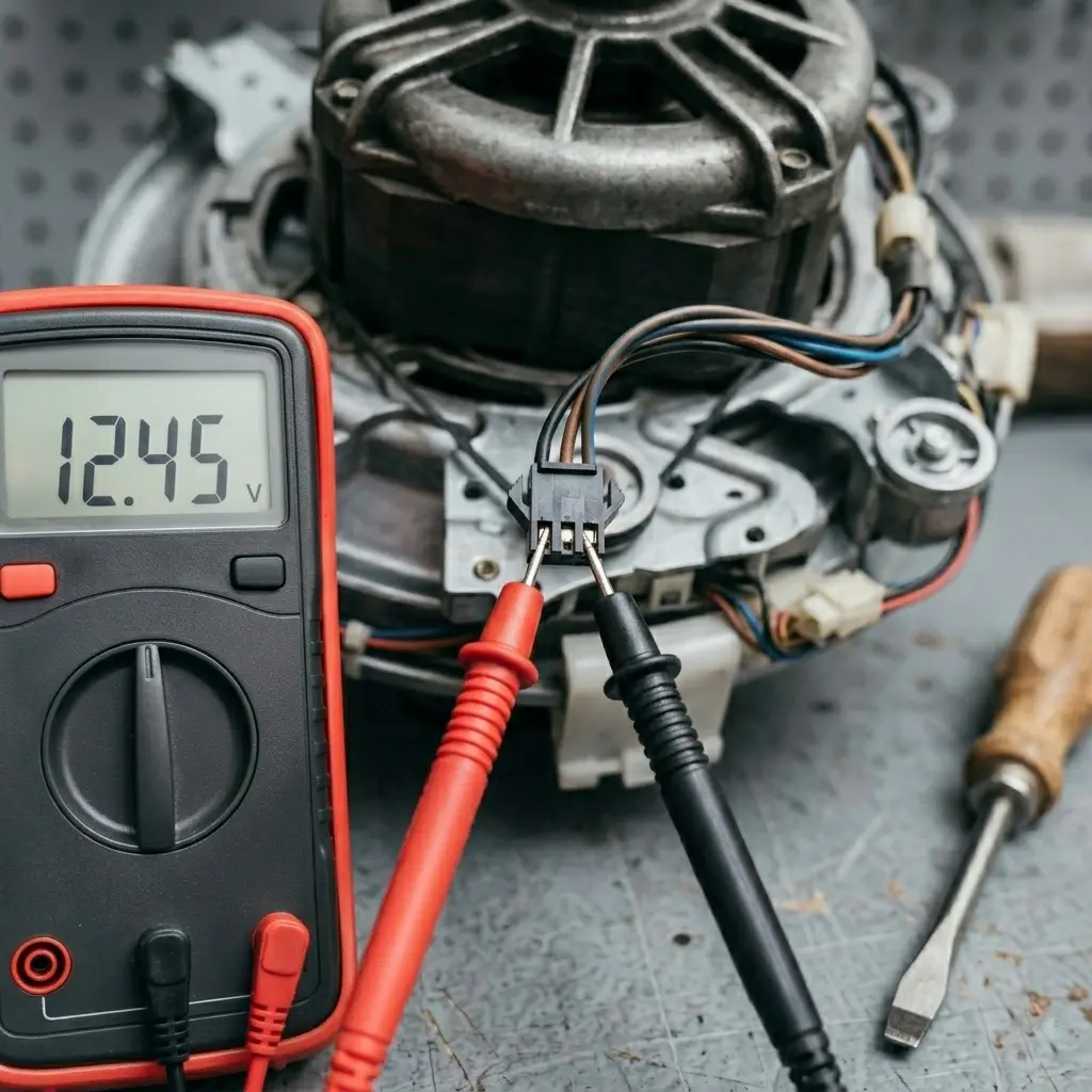 Multimeter probes testing washing machine Hall effect sensor voltage during motor diagnosis