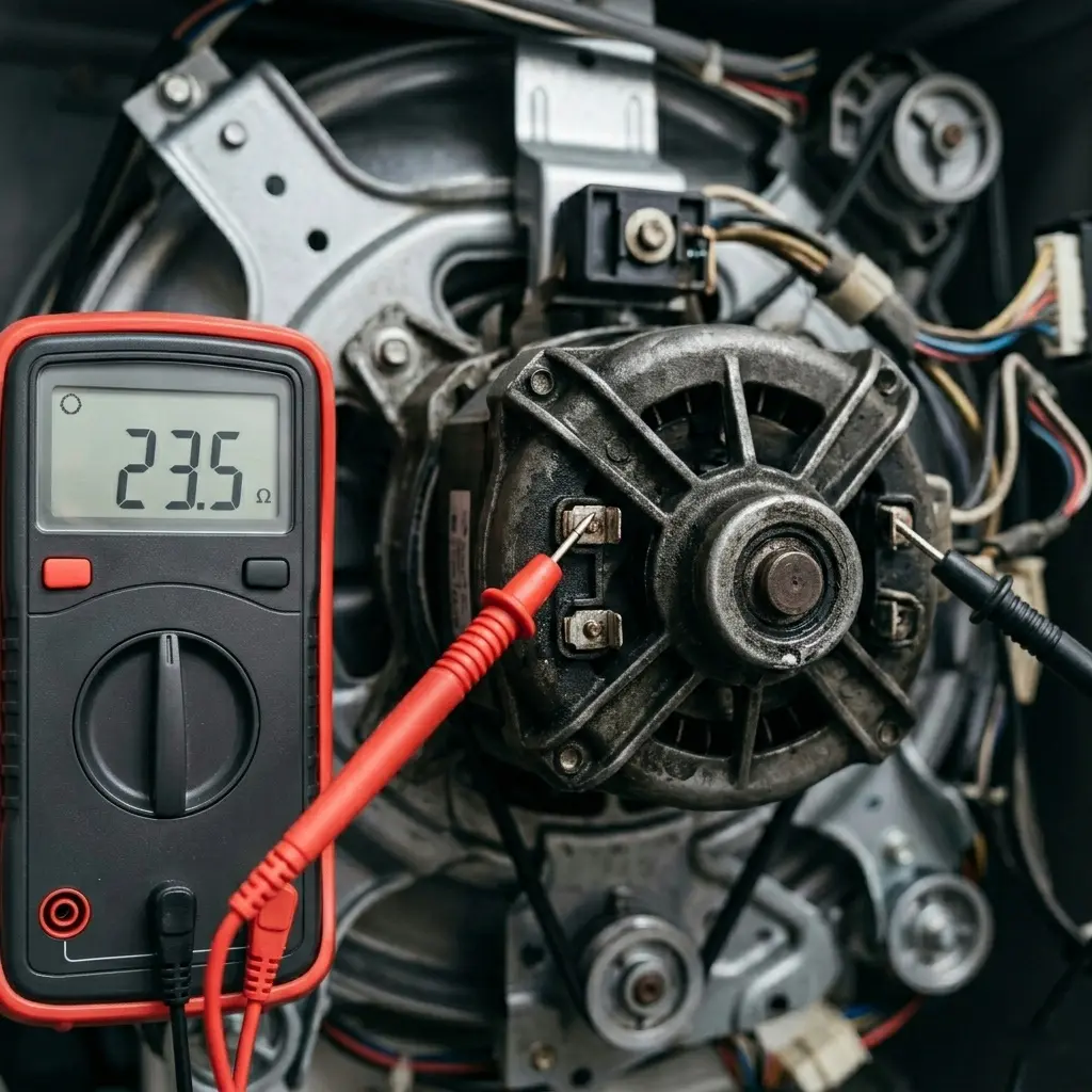 Multimeter measuring resistance across washing machine drive motor winding terminals