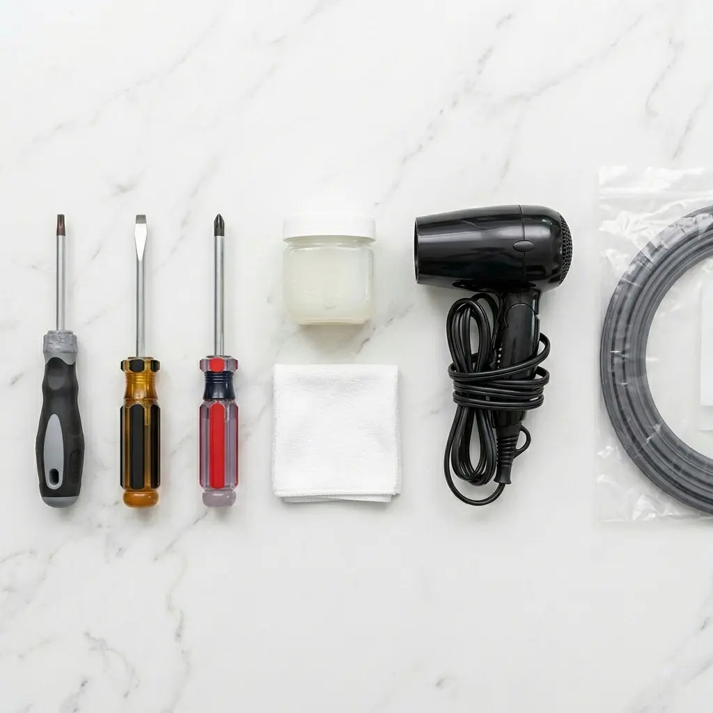 Tools required for LG refrigerator door seal replacement including screwdrivers and petroleum jelly