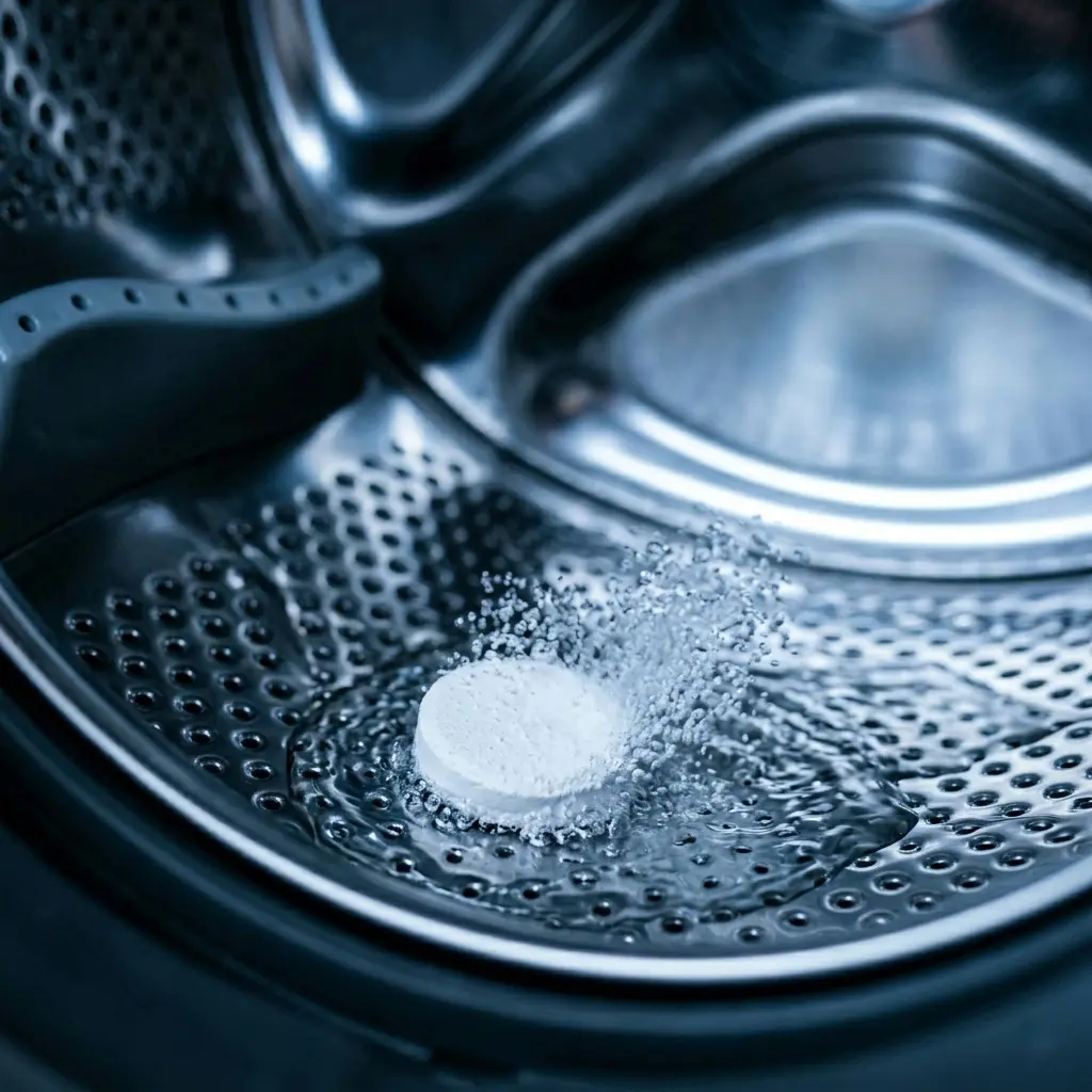 Washing machine cleaning tablet dissolving in empty drum during hot tub clean cycle, how Affresh and OxiClean work 2026