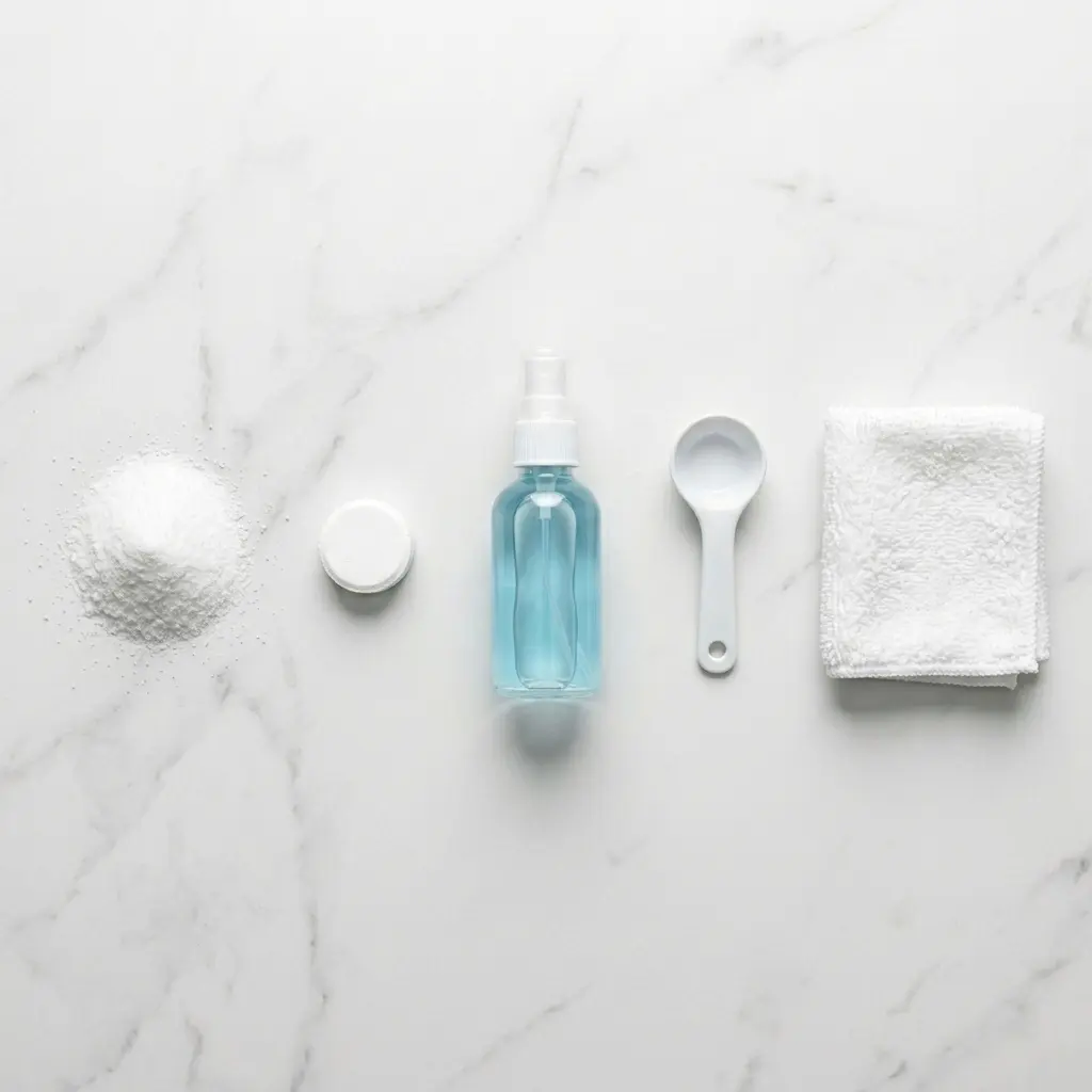Flat lay of best washing machine cleaning products including tablet pack, citric acid powder and spray bottle, 2026 comparison