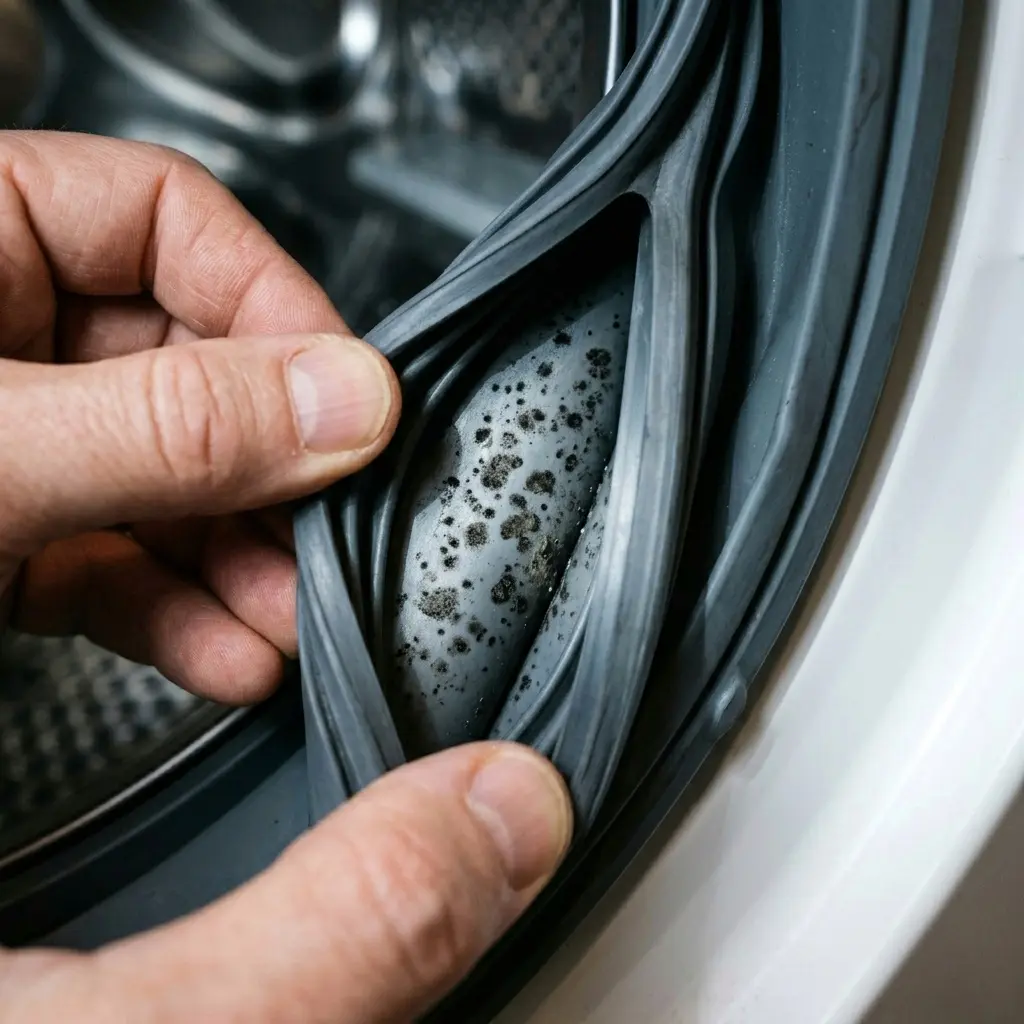 Black mold spots visible inside washing machine rubber door gasket folds, how to check and clean for persistent smell 2026