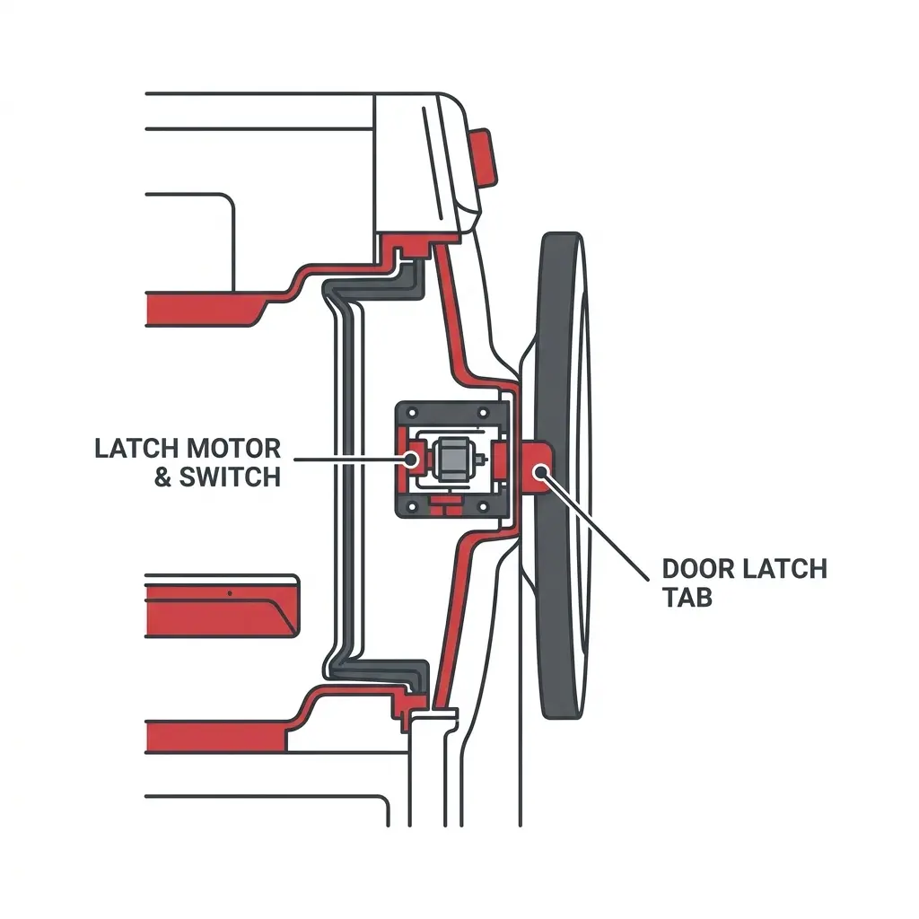 Technical illustration of washing machine door lock assembly showing latch motor and switch components. lg washer de error code