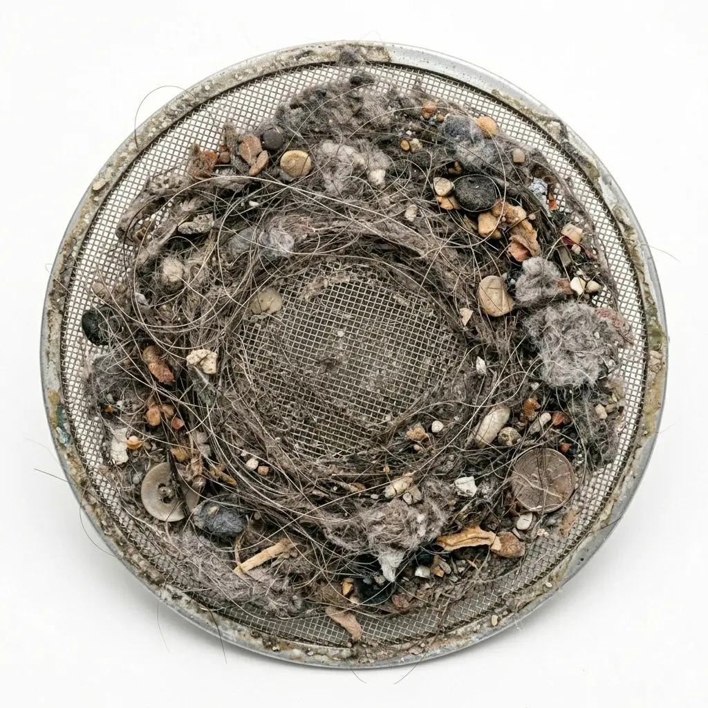 Dirty washing machine drain pump filter covered in hair, lint and debris removed for cleaning, maintenance guide 2026