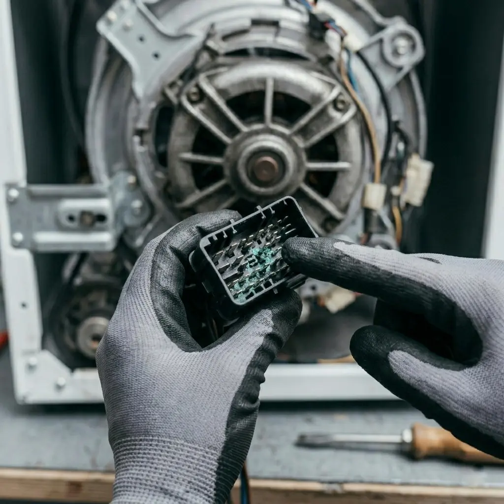  Hands inspecting a washing machine motor wiring connector for corrosion during LE error diagnosis