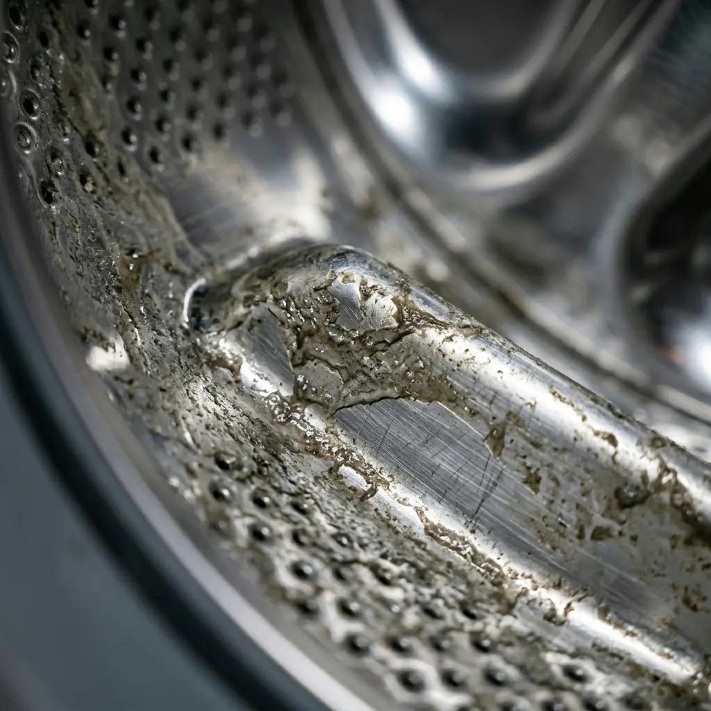 Dark soap scum and scrud residue buildup inside washing machine drum, the hidden cause of washing machine smell 2026