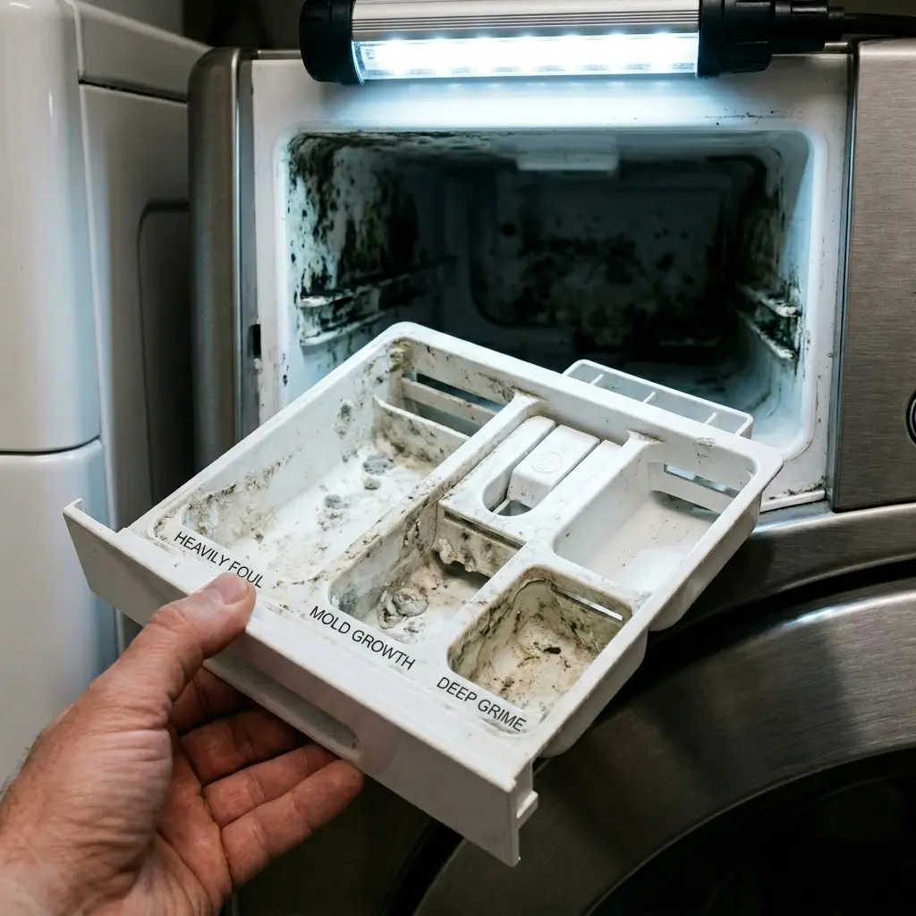 Washing machine soap drawer removed revealing mold and residue in the hidden cavity behind, cleaning tip 2026
