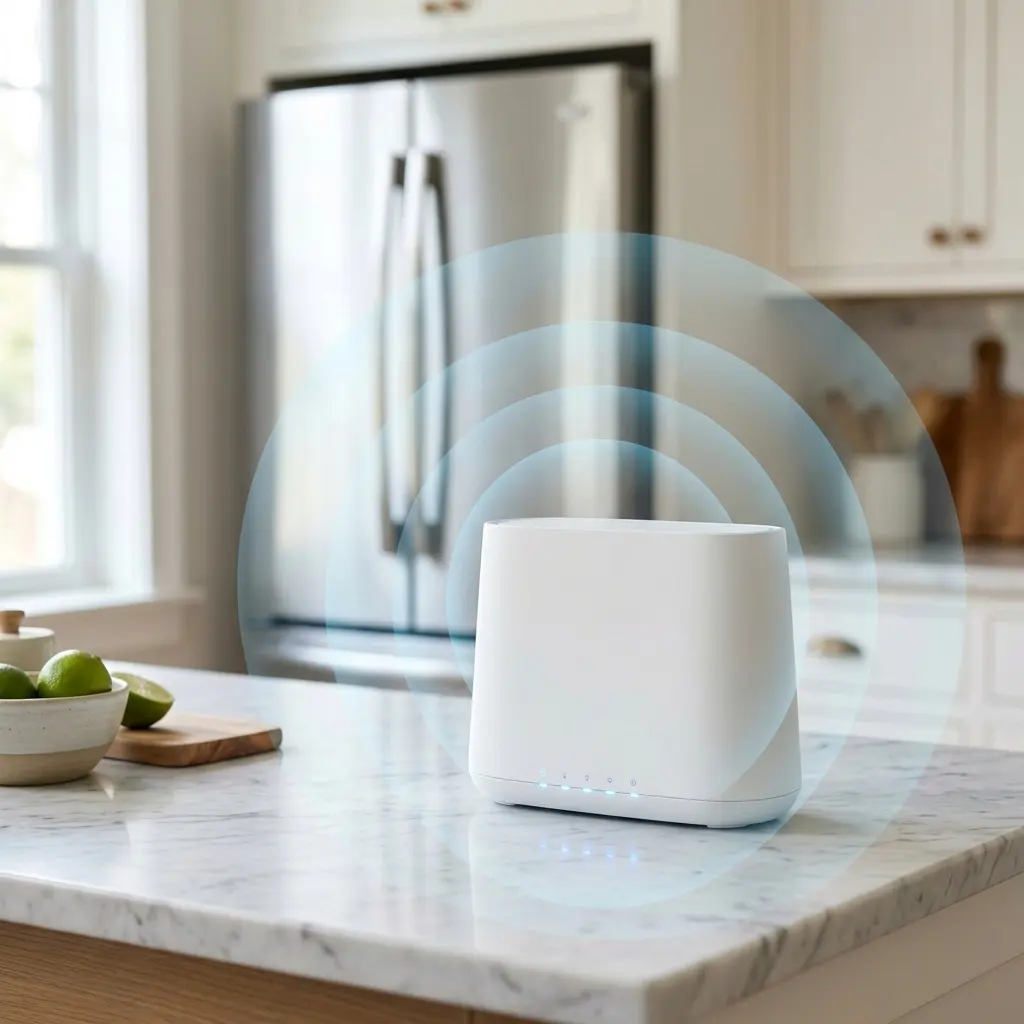 Modern white Wi-Fi router glowing with 2.4GHz signal waves illustrated near a kitchen refrigerator setup