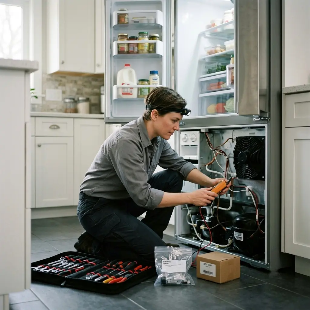 Appliance repair technician working inside an open refrigerator with tools and replacement parts on a clean workbenc