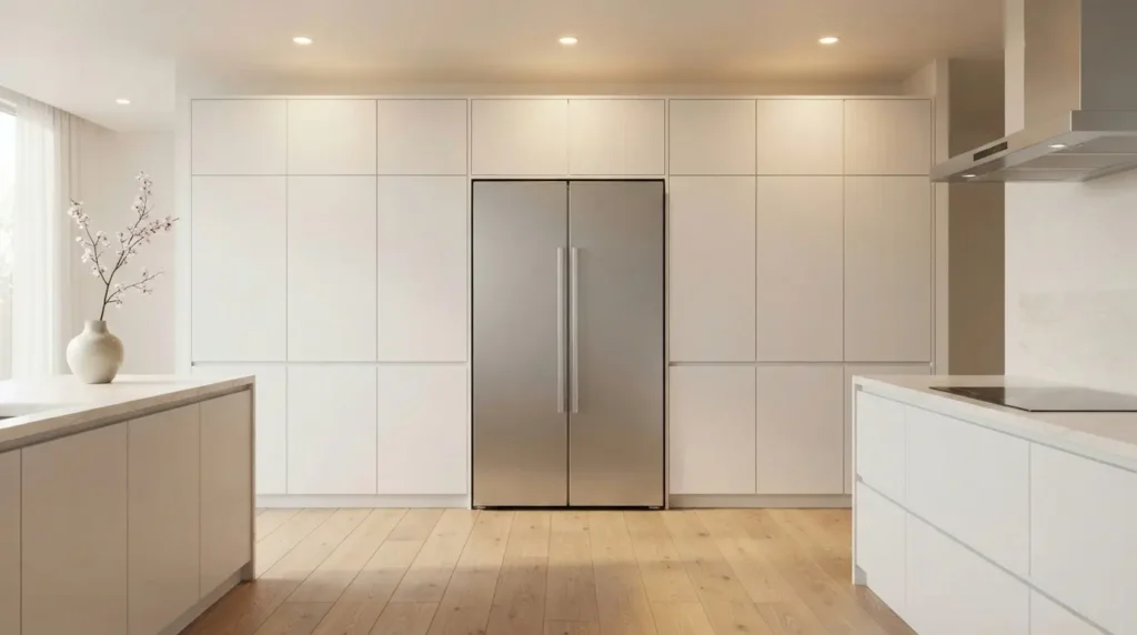 Counter-depth stainless steel side-by-side refrigerator installed flush with white built-in kitchen cabinetry