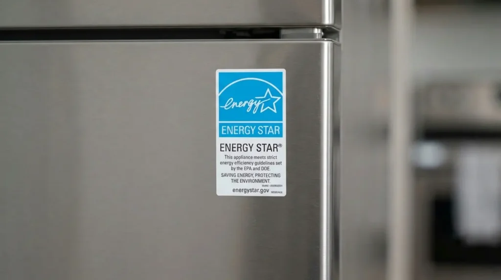 Energy Star certified label on the side panel of a stainless steel side-by-side refrigerator